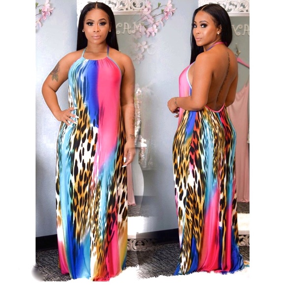 Maxi Animal Print Stretch Halter Cheetah Dress - Picture 3 of 3